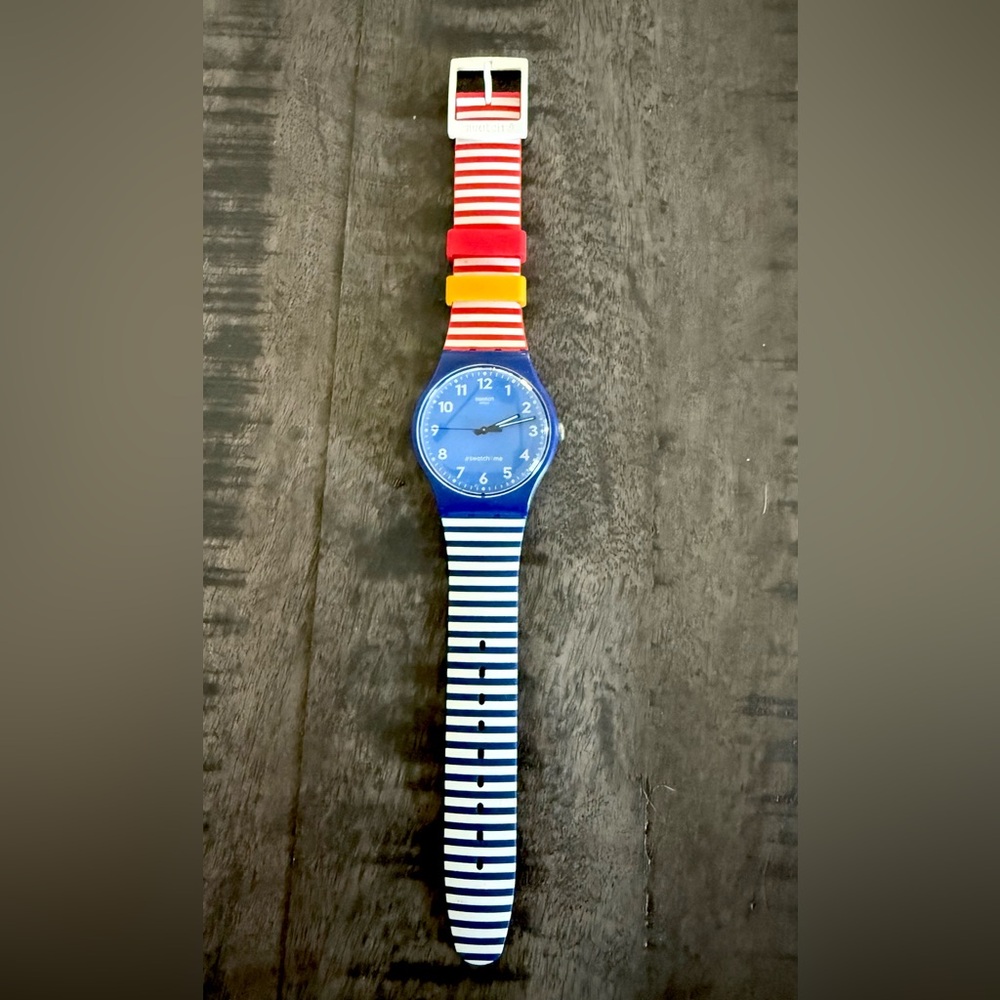 Swatch Colorful Striped Watch with Blue Face